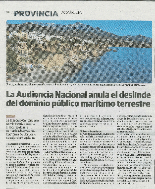 Periódico cuyo títular es "La Audiencia Nacional anula el deslinde del dominio público marítimo terrestre"