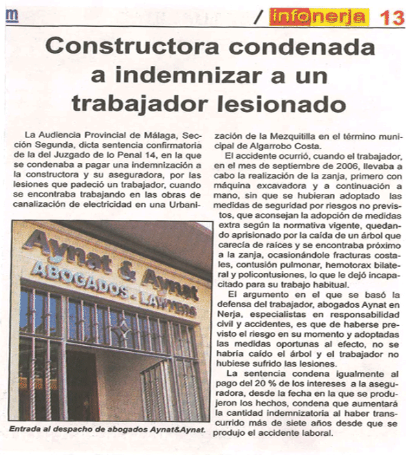 Newspaper with the logo "Construction company ordered to compensate injured worker."