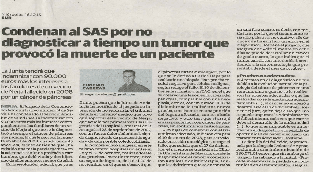 Periódico cuyo títular es "Condenan al SAS por no diagnosticar a tiempo un tumor que provocó la muerte de un paciente"
